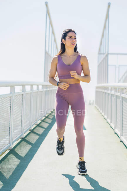 Активна жінка-спортсменка в спортивному одязі, що піднімає ногу під час тренування, дивлячись на сонячний день — стокове фото