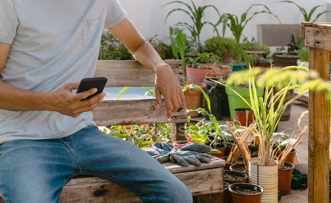 Coltivare anonimo giardiniere maschile in abiti casual seduto sulla panchina del giardino e la navigazione del telefono cellulare nella giornata di sole — Foto stock