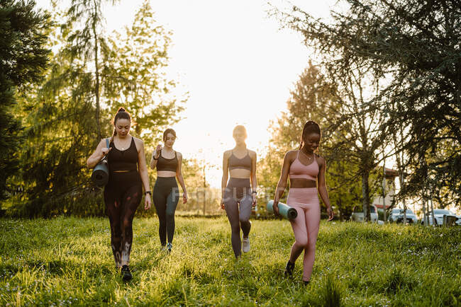 Confiante ajuste multirracial atletas do sexo feminino andando com esteira ao longo do gramado durante o treinamento no parque de verão à noite — Fotografia de Stock