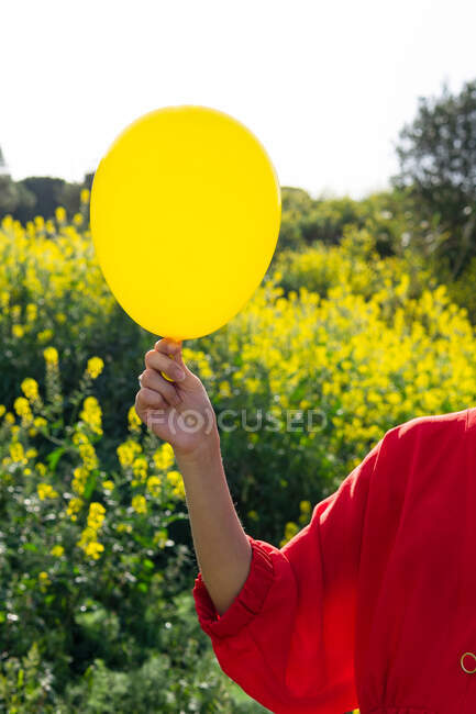 Crop unrecognizable female in red wear with bright balloon against blooming plants on sunny day — Stock Photo