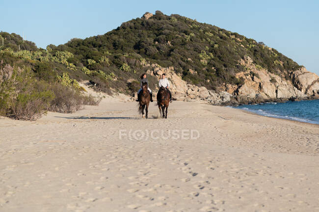 Junge Frau reitet mit Freund auf reinrassigen Hengsten am Sandstrand gegen welligen Ozean unter blauem Himmel — Stockfoto