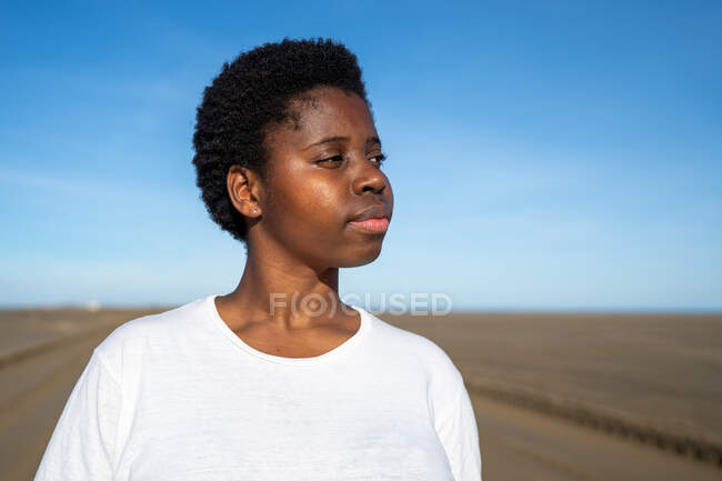Unemotional young African American female in white shirt standing on spacious heath under cloudless blue sky and looking away in thoughts — Stock Photo
