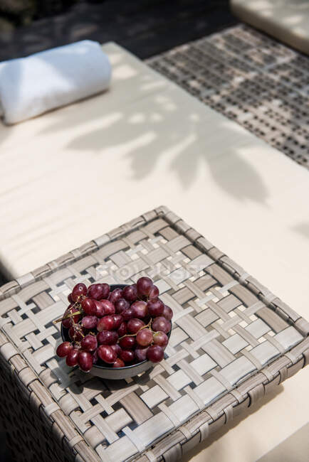 From above of bowl of fresh ripe juicy grapes placed on wicker tray on sunbed in garden - foto de stock