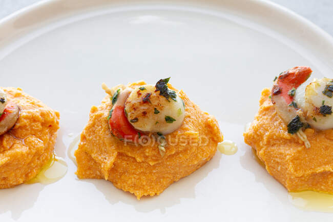 From above yummy scallops with delicious sweet potato puree served on white plate on table — Stock Photo
