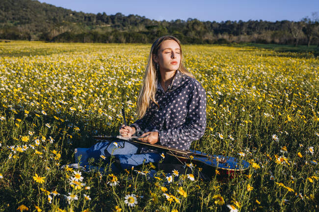 Joven mujer hipster sentada en un prado en el campo escribiendo canciones en el cuaderno y tocando la guitarra durante la luz del sol de verano. - foto de stock