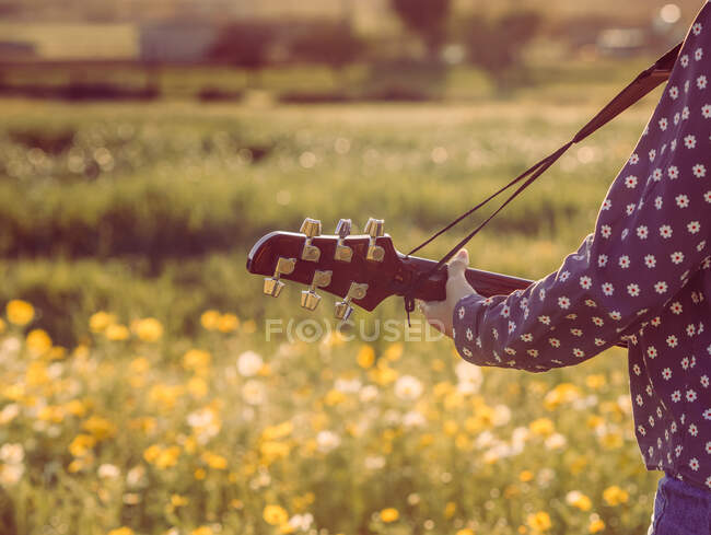 Visão traseira da jovem mulher hipster irreconhecível cortada em pé em um prado no campo tocando guitarra durante a luz do sol de verão — Fotografia de Stock