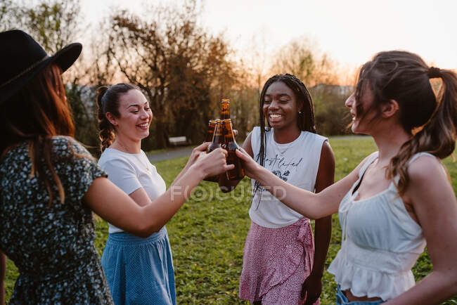 Gruppo di felici donne diverse che si riuniscono nel parco e si accarezzano bottiglie di birra mentre si godono il weekend estivo insieme — Foto stock