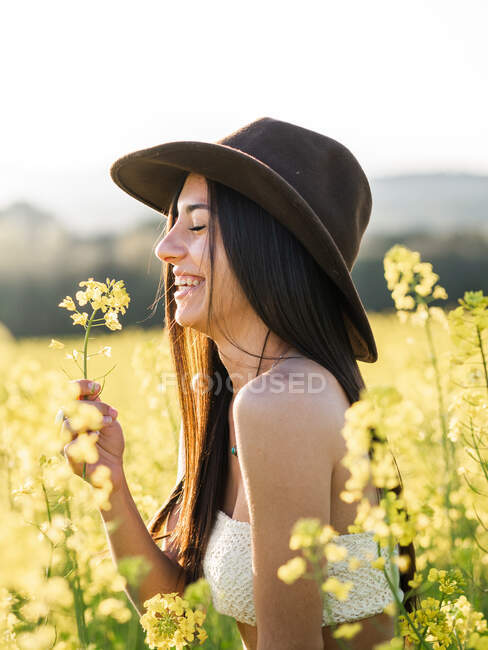 Side view slim content female in hat smelling yellow blooming flower while standing on rapeseed field on sunny day — Stock Photo