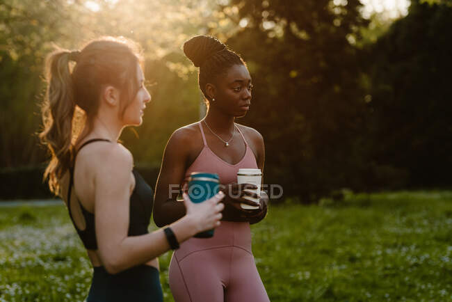 Jóvenes atletas femeninas multirraciales en ropa deportiva con bebidas hablando mientras miran hacia el césped a la luz del sol - foto de stock