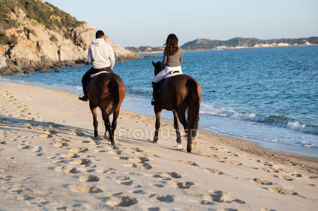 Vista posteriore di giovane donna irriconoscibile con fidanzato cavalcando stalloni di razza pura sulla riva sabbiosa contro l'oceano ondulato sotto il cielo blu — Foto stock