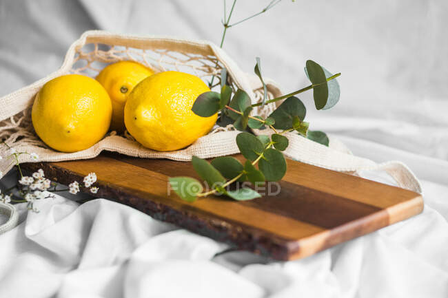 Colorful whole lemons in zero waste bag near wavy plant sprig on wooden chopping board on creased textile — Foto stock