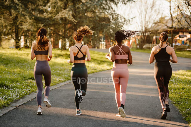 Back view multiracial female runners in activewear jogging during cardio training on walkway in town — Stock Photo