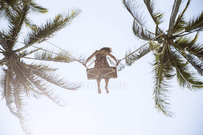 From below full length faceless barefoot female in sundress swaying on swings between verdant palms under blue sky in sunny tropical country — Stock Photo