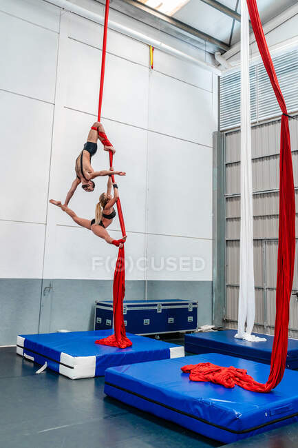 Full length sporty strong woman performing split on aerial silks and being lifted by muscular male acrobat on legs while training together in fitness center — Stock Photo