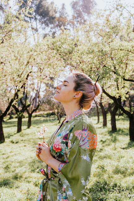 Seitenansicht der jungen Frau in traditionellem Kimono mit blühendem Blütenzweig im Garten an sonnigen Tagen mit Blick in die Kamera — Stockfoto