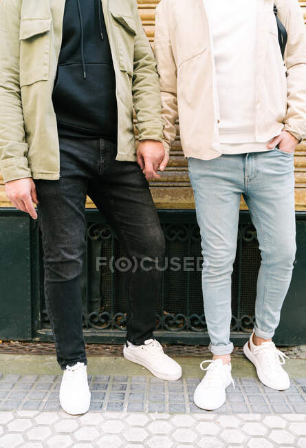 Обрізати молодих багатоетнічних геїв у стильному одязі, тримаючись за руки на міській вулиці — стокове фото