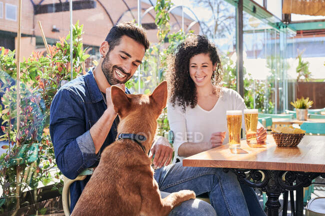 Couple ethnique joyeux avec des verres de bière et des croustilles parlant contre le chien de race à table au soleil — Photo de stock