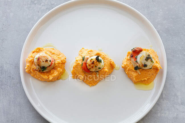 Top view yummy scallops with delicious sweet potato puree served on white plate on table — Stock Photo