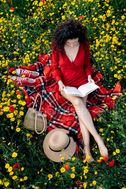 Dall'alto di femmina scalza con gambe incrociate lettura libro di testo su coperta con cappello e borsetta tra margherite in fiore — Foto stock