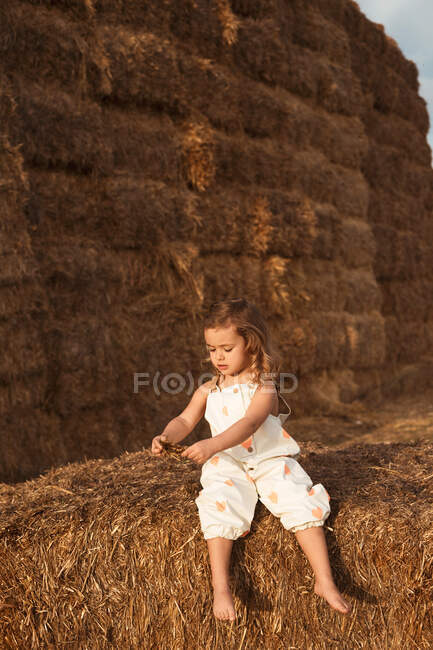 Веселый очаровательный ребенок в комбинезоне играет с сеном, сидя на соломенных тюках в сельской местности — стоковое фото