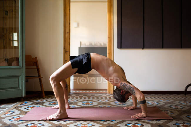 Vista lateral del equilibrio masculino sin camisa flexible en Urdhva Dhanurasana en la estera mientras practica yoga y estira el cuerpo en casa - foto de stock