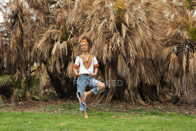 Junge ethnische Frau mit den Händen in den Taschen steht auf der Wiese vor Palmen und schaut weg — Stockfoto