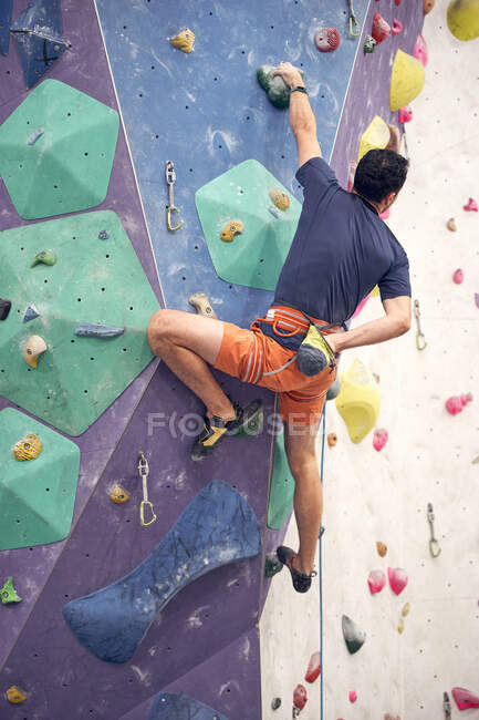 Вид ззаду анонімного чоловічого альпініста в упряжці піднімаючись на штучну стіну в центрі валуна — стокове фото