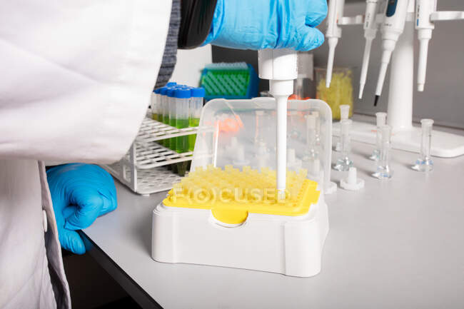 Crop biólogo irreconhecível em uniforme com conta-gotas e rack com dicas à mesa em laboratório de cannabis — Fotografia de Stock