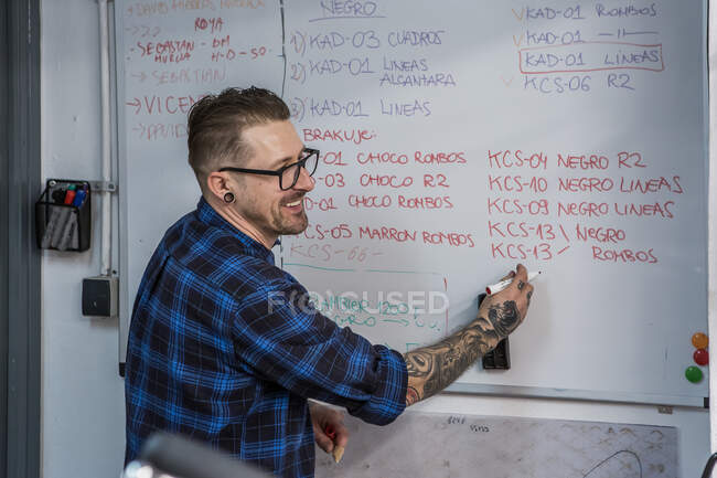 Seitenansicht eines lächelnden männlichen Kunsthandwerkers, der Notizen auf Whiteboard mit Filzstift macht, während er im Polsterstudio für Motorradsitze arbeitet — Stockfoto
