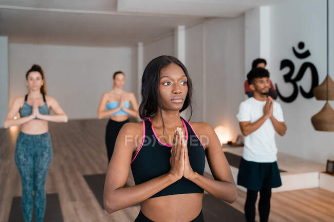 Grupo de personas multiétnicas de pie en la montaña posan con las manos de oración y haciendo yoga durante la lección en un amplio estudio - foto de stock
