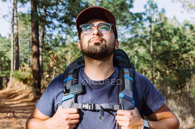Sac à dos homme barbu en casquette marchant parmi les arbres et les plantes dans les bois dans la journée ensoleillée — Photo de stock