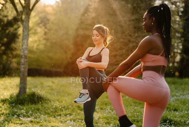Jeunes athlètes féminines multiraciales en vêtements de sport étirant les jambes sur un sentier asphalté en ville par une journée ensoleillée — Photo de stock