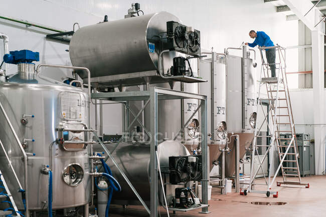 Männlicher Ingenieur auf Leiter gießt Flüssigkeit in Edelstahltank ein, während er in Brauerei arbeitet — Stockfoto