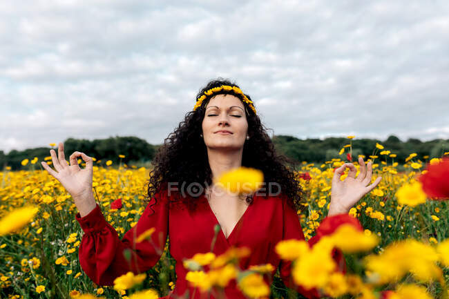 Концентрированная женщина в цветочном венке, практикующая йогу с закрытыми глазами среди цветущих маргариток и Папавера на лугу в сельской местности — стоковое фото