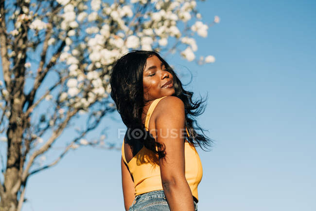 Низький кут замріяної афро-американської жінки стоїть у квітучому весняному парку і насолоджується сонячною погодою з закритими очима. — стокове фото