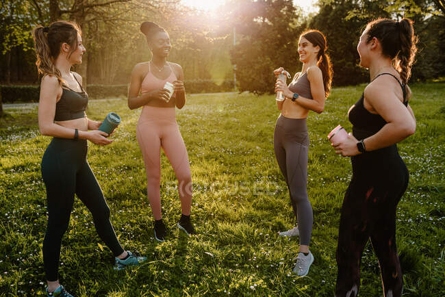 Усміхнена молода багаторасова жінка-спортсменка в спортивному одязі з напоями розмовляє, дивлячись один на одного на газоні на сонячному світлі — стокове фото