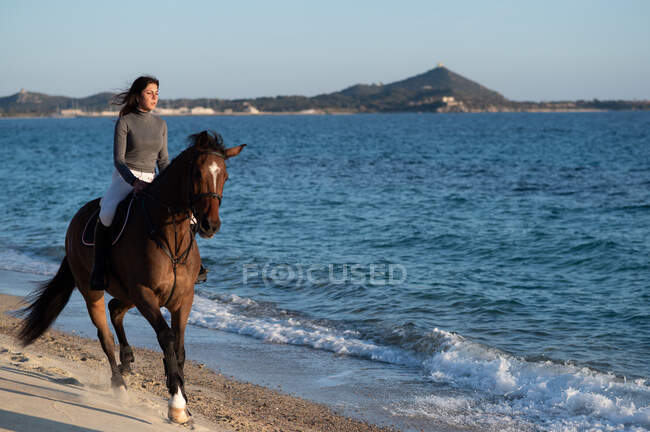 Jovem fêmea olhando para a frente enquanto monta cavalo castanho na costa do mar arenoso contra montagem sob céu leve — Fotografia de Stock