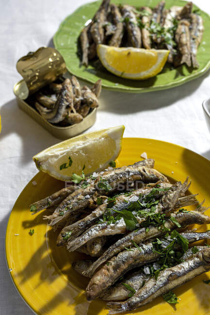 From above plate of appetizing grilled anchovies served on table with piece of lemon and fresh herbs in restaurant — Foto stock