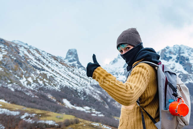 Vista laterale di escursionista con zaino e vestiti caldi in piedi su cresta rocciosa della valle in vette d'Europa e guardando la fotocamera — Foto stock