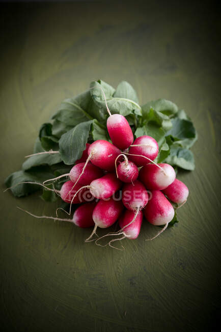 Heap of raw radish with curved leaves and roots on green background — Stock Photo