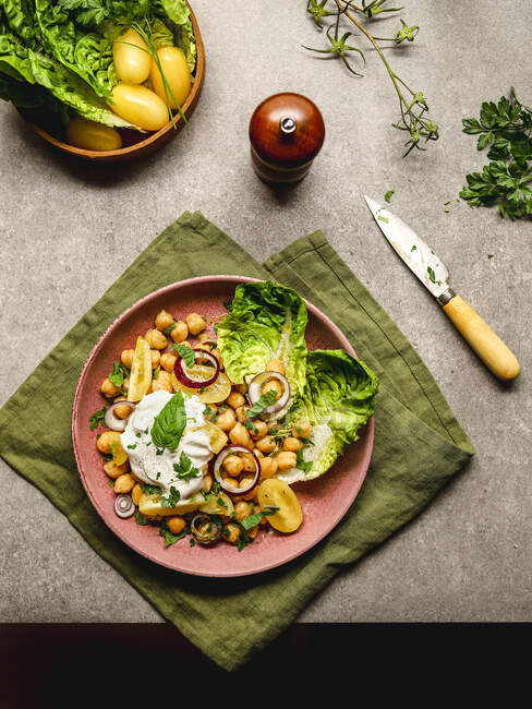 Вид на аппетитный горох с сыром буррата и разнообразными овощами и травами, подаваемыми на тарелке на столе — стоковое фото