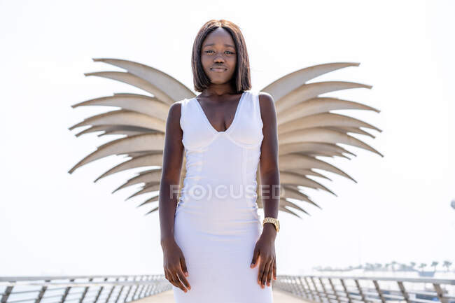Cheerful attractive African American female elegant white dress standing on embankment near wing shaped structure and looking at camera contentedly — Stock Photo