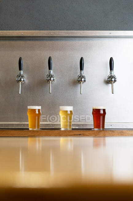 Різні види пива з піною в скляних глечиках проти ряду кранів у барі на сірому фоні — стокове фото