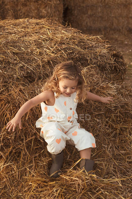 Цікава маленька дівчинка в комбінезоні піднімається вниз солом'яним тюком, граючи ввечері в сільській місцевості — стокове фото