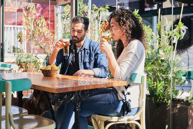 Alegre pareja étnica bebiendo cerveza con papas fritas en un restaurante a la luz del sol - foto de stock