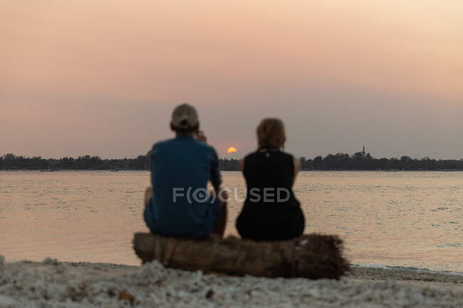 Vista posterior pareja irreconocible sentado en el tronco del árbol en la costa arenosa y disfrutar de la puesta de sol escénica sobre el mar ondulante calma - foto de stock
