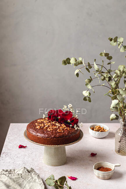 Bolo de chocolate delicioso biscoito decorado com botões de flores e nozes servidos em stand na mesa — Fotografia de Stock