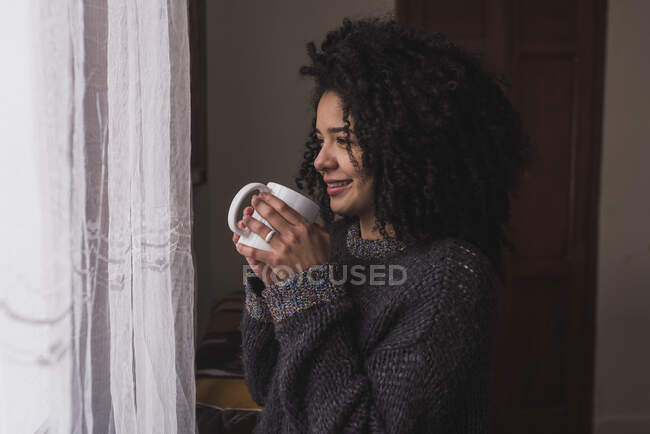 Seitenansicht der charmanten ethnischen Frau mit schwarzen Afrohaaren, die mit einer Tasse Drink zu Hause steht und aus dem Fenster schaut — Stockfoto