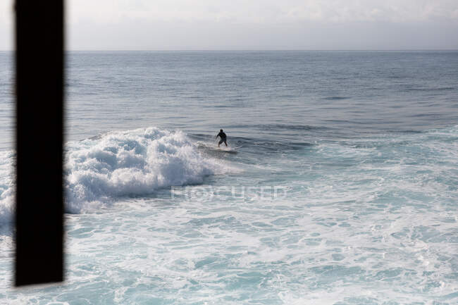 Surfista irriconoscibile cavalcare onde di mare azzurro sotto cielo rosa chiaro in prima serata — Foto stock