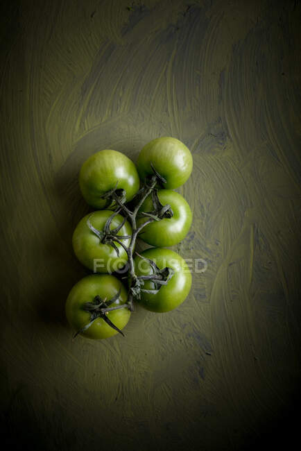Overhead view of bunch of whole tomatoes with pedicels on green background with painted waves — Stock Photo